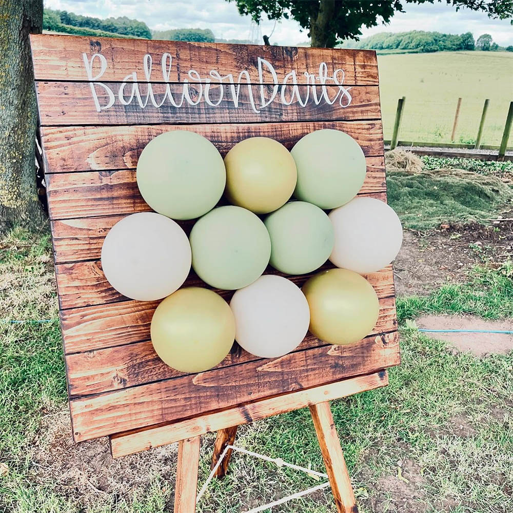 Balloon Darts: Handcrafted wooden Balloon Darts frame with colorful balloons and professional darts for party fun.