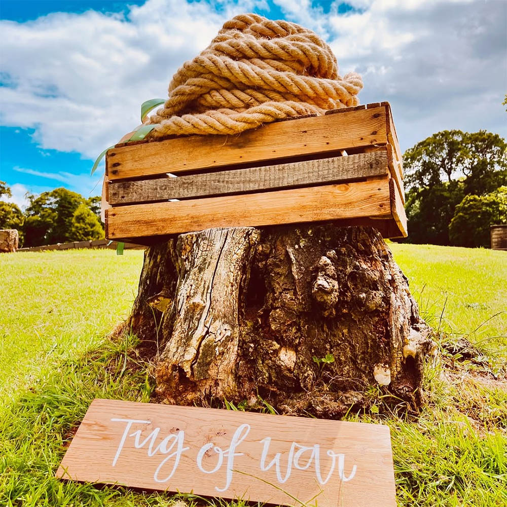 Tug of War: Heavy-duty jute Tug of War rope with a centre marker, ready for team-building at a corporate event or wedding.