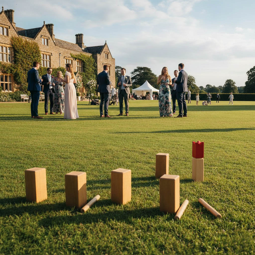 Handcrafted wooden Kubb garden game set for hire by Pop Up Party UK.