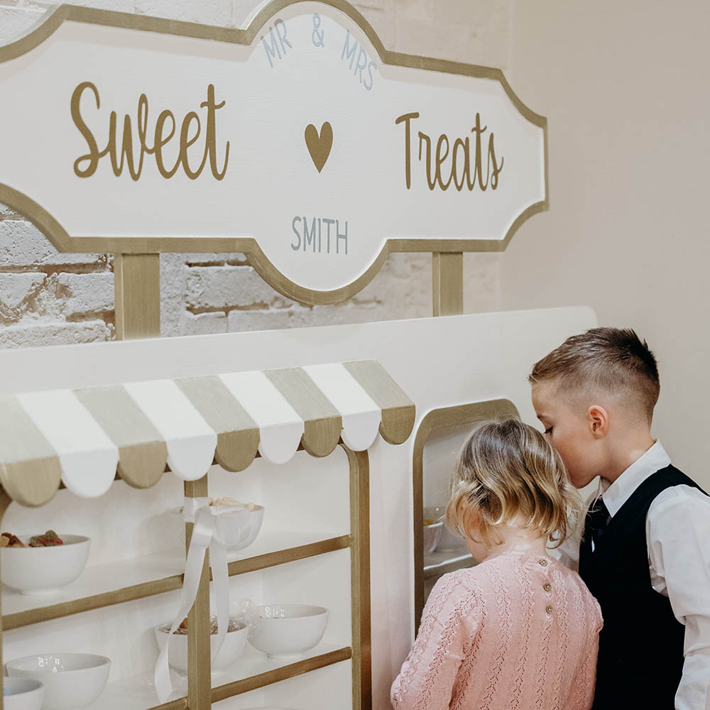 Wedding Corner with Sweet Treat Cart at East Midlands Wedding Venue.